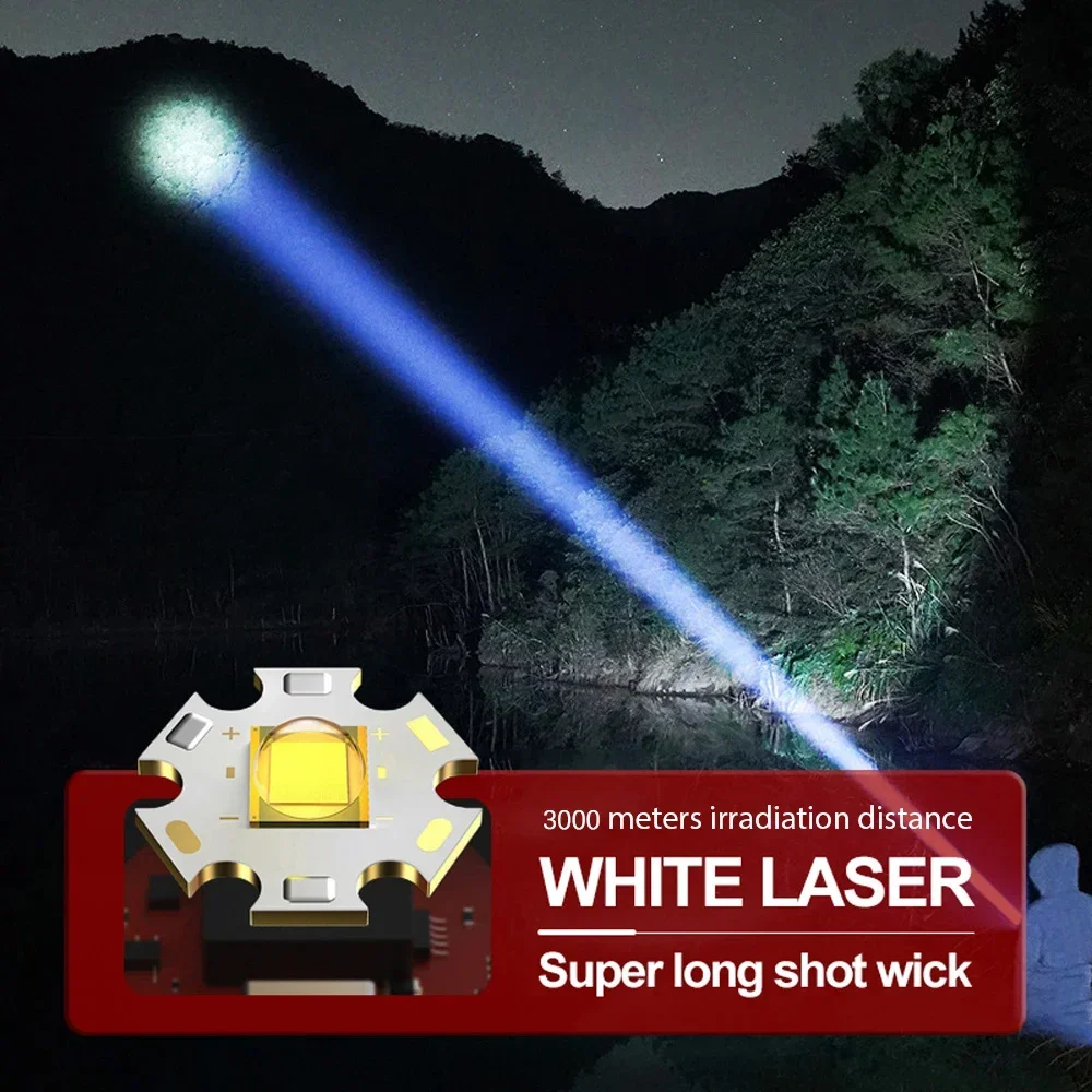 Powerful White Laser Strong Light LED Flashlight USB Charging 26650 Lithium Battery Outdoor Telescopic Zoom Super Bright Torch