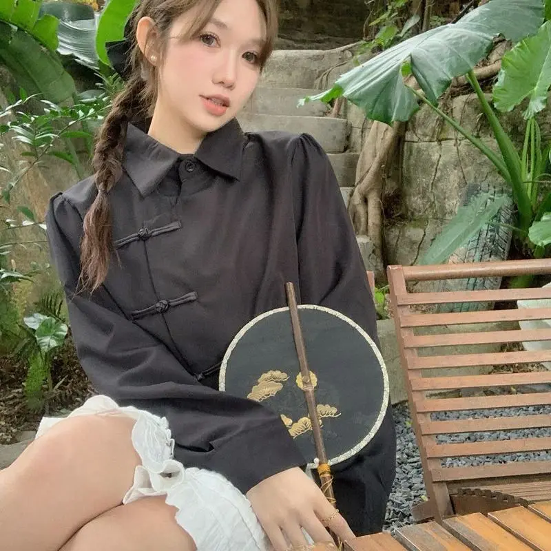 

Новая женская рубашка в китайском ретро-стиле на пуговицах, с длинным рукавом, свободного кроя, повседневная, модная, из полиэстера, короткая куртка 2025 года
