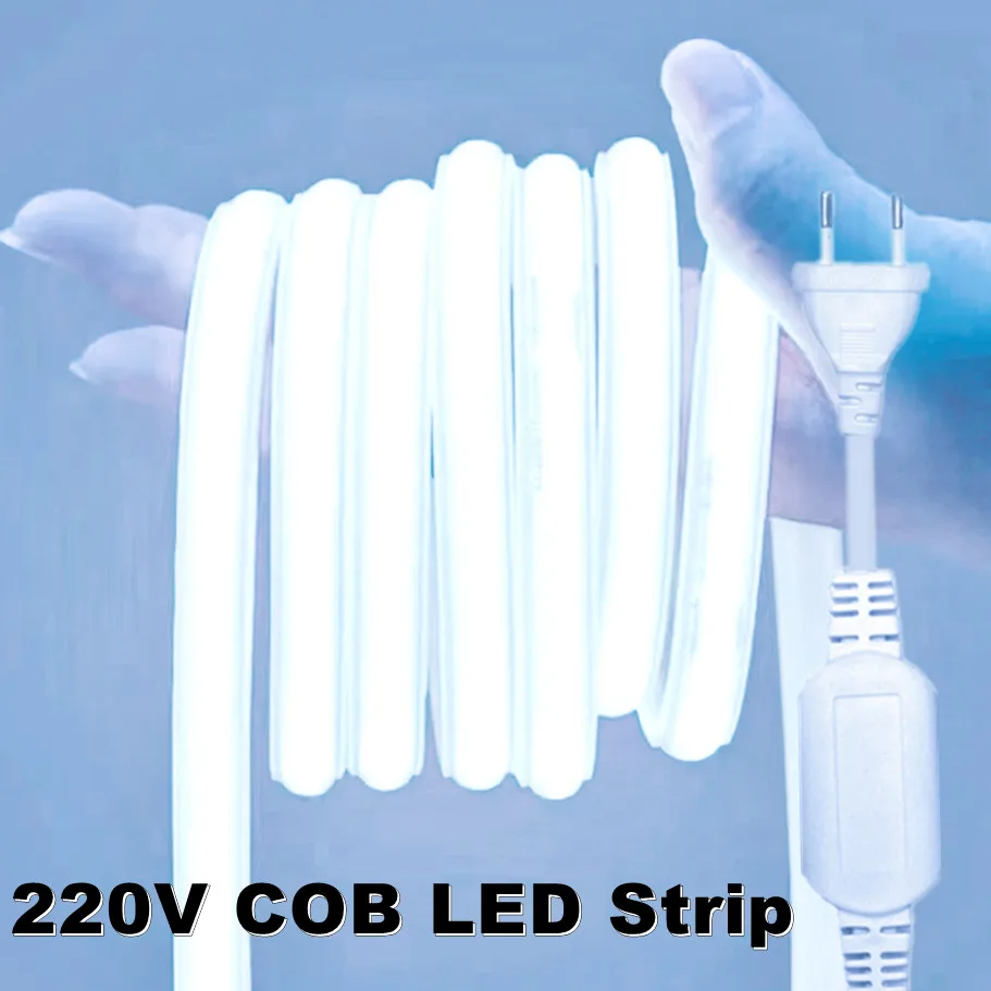 COB LED Strip Light 288leds/M 220V EU Plug RA90 warm white 3000K 4500K 6500K Flexible LED Tape For Bedroom Kitchen IP65 Waterpr