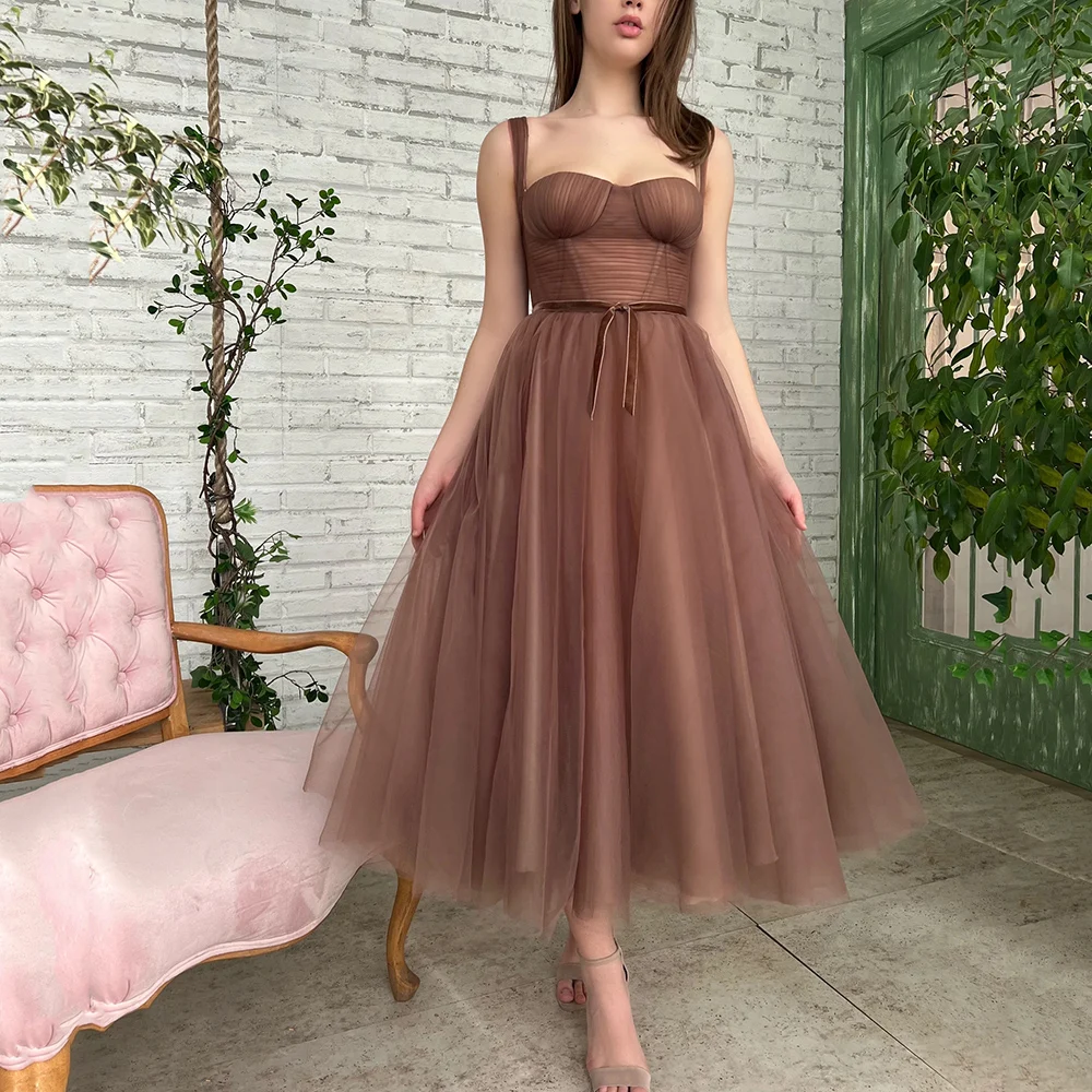 

Yipeisha Elegant Tea Length Prom Dresses A-line Tulle Cocktail Dress Pleated Short Party Gown Vestido de Curto