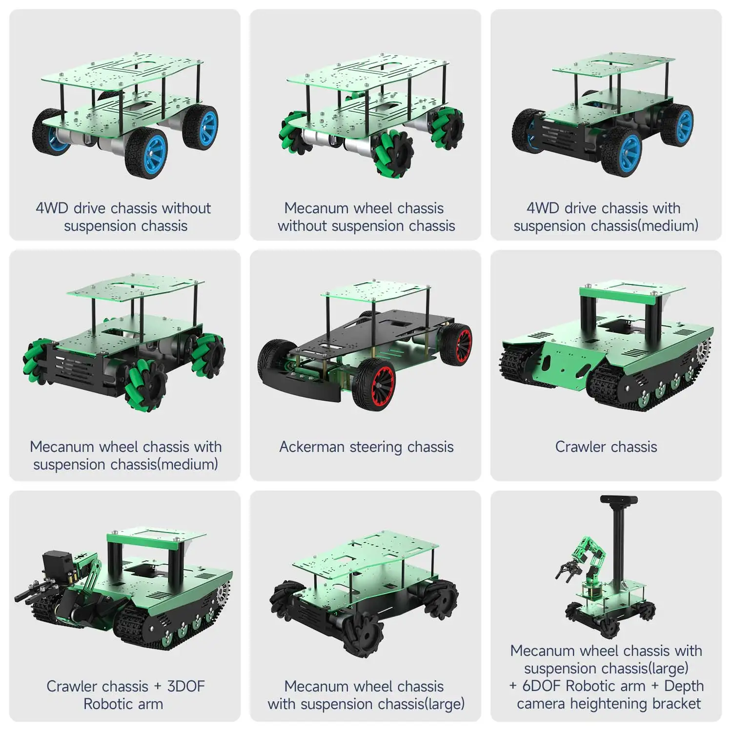 Yahboom Robot Podwozie samochodu Zawieszenie wahadłowe Koło Mecanum Kierownica Ackerman Stop aluminium (podwozie gąsienicowe ze magazynu)