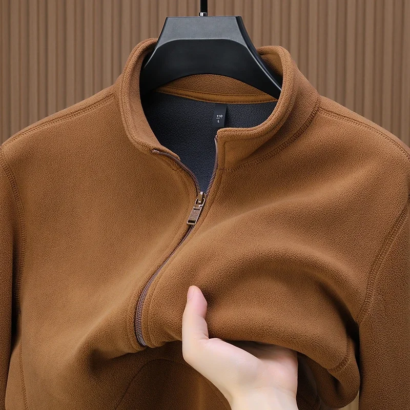 Fashion designer winter comfortable velvet warm jacket zipper style men semi high neck best-selling solid color long sleeved top