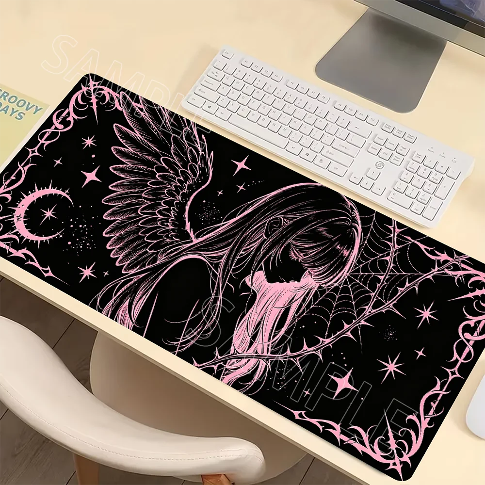 Mystical Gothic Mouse Pad Angel Girl with Large Wings Spider Web Pink Line Art Desk Mat Non Slip Keyboard Pads for Work Gaming