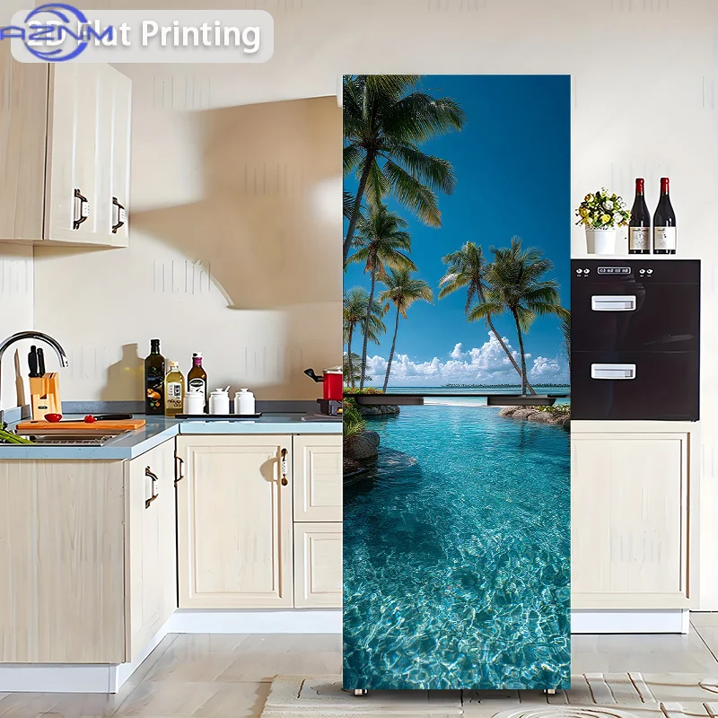 Printing Refrigerator Sticker , Blue Sea Coconut Grove Pool Wall Decal, Self-Adhesive Removable Vinyl Wallpaper-Style Decorati