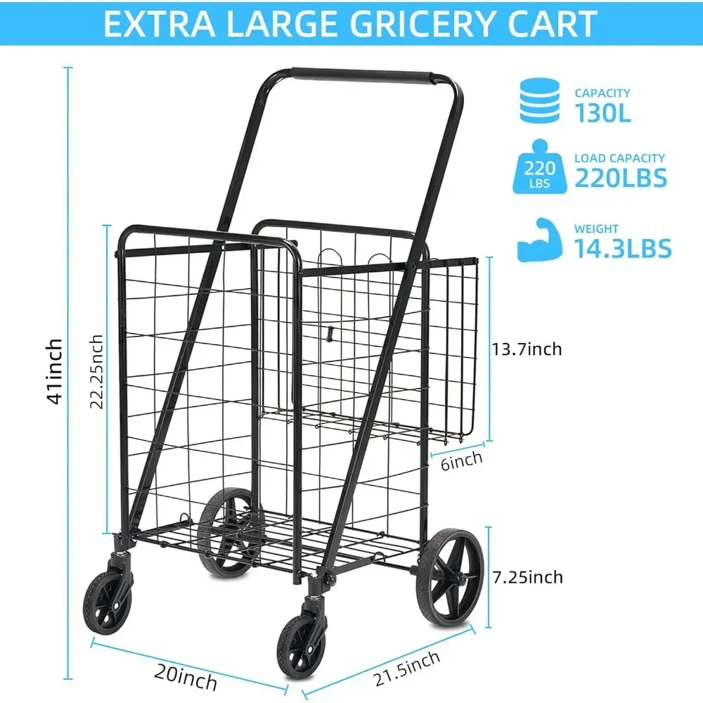 Folding Shopping Cart with Wheels 360 Degree Rolling Swivel Grocery Cart