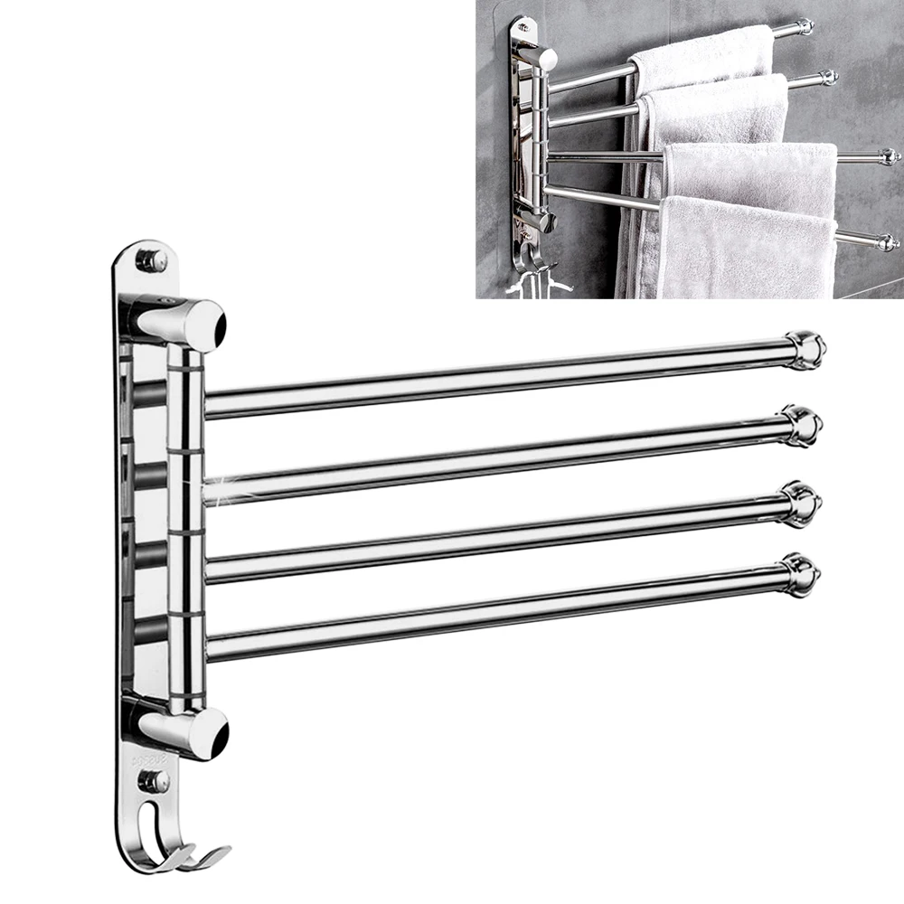 

Bathroom Towel Rail Rack Holder 4 Swivel Bar Wall Hanger Shelf Stainless Steel