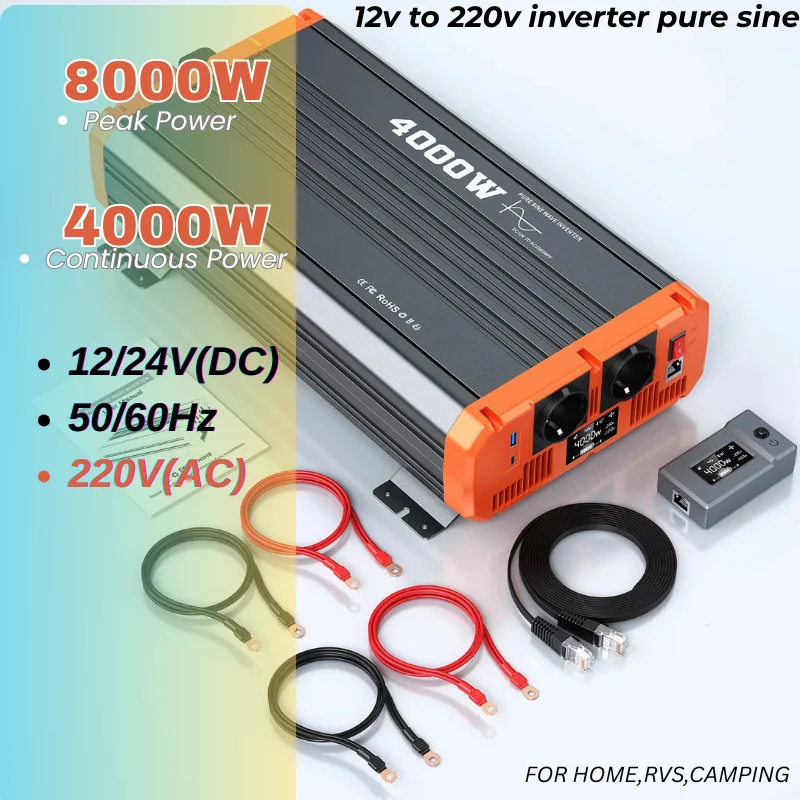 

4000W/8000W Pure Sine Wave Inverter 12V/24V/48V to 110V/230V, LCD Display, Remote Control, for Home, Camping, RV, Off-Grid Syste