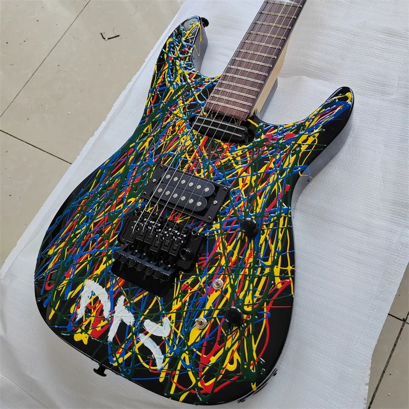 Hand-Painted 6-String Electric Guitar with Personality Stripe Coloring Double Vibrato Guitar for Music Lovers And Players