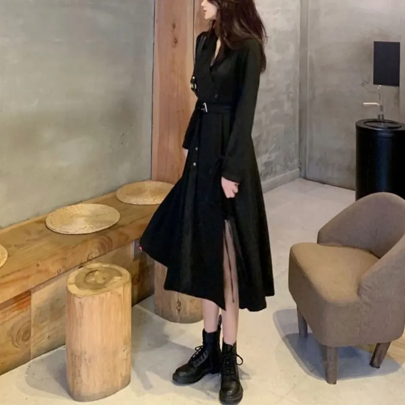 

Aura Tailored Collar Midi Dress Spring Autumn Solid Color Female Clothing Vintage A-Line Split Fashionable Drawstring Dresses