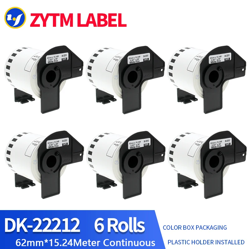 6 Rolls Generic DK-22212 Label 62mm*15.24M Continuous Compatible for Brother Thermal Printer QL-700/800 Including Plastic Holder
