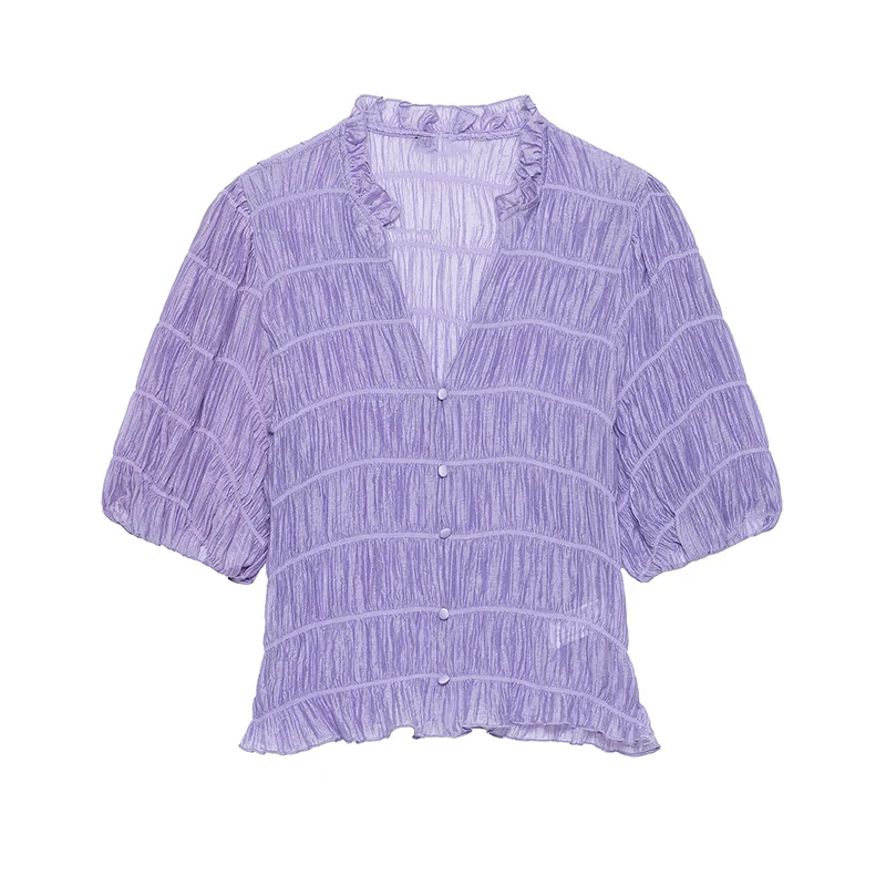 Women's Top 2026 New Summer Short-sleeve Crew Neck V-neck Honeycomb Pleated Shirt Top Vacation Style Chic Personality Ladies Top