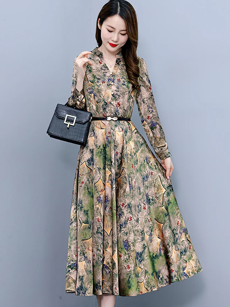Vintage Floral Satin Casual Long Dress Autumn Winter Women Elegant Luxury Party Vestidos 2024 Bodycon Chic Prom Night Midi Dress