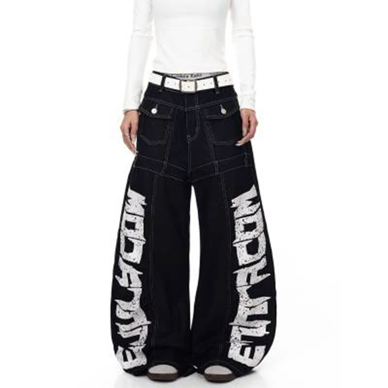 

Черные мешковатые джинсы с буквенным принтом, мужская одежда, уличная одежда с широкими штанинами, новые джинсовые брюки в стиле рок, джинсы в американском стиле Y2K