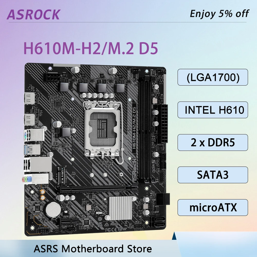 ASROCK H610M-H2/M.2 D5 H610 Motherboard LGA1700 Support 12/13/14th Gen i5-12490F i5-12600KF i9-14900K i7-14700K CPU 2xDDR5 M-ATX