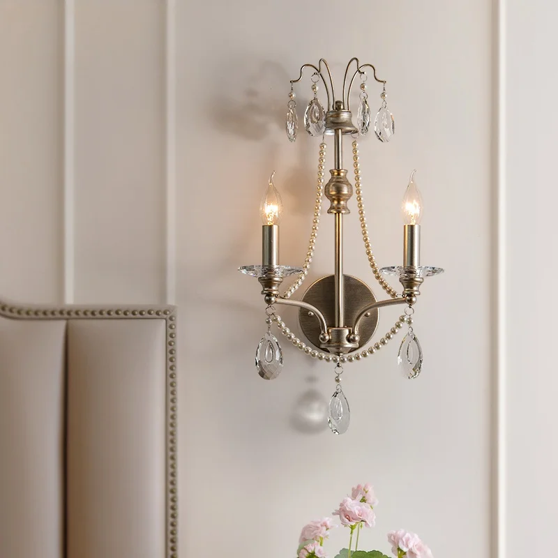 

French retro crystal wall lamp, living room background wall lamp, bedroom bedside lamp, American light luxury high-end decorativ