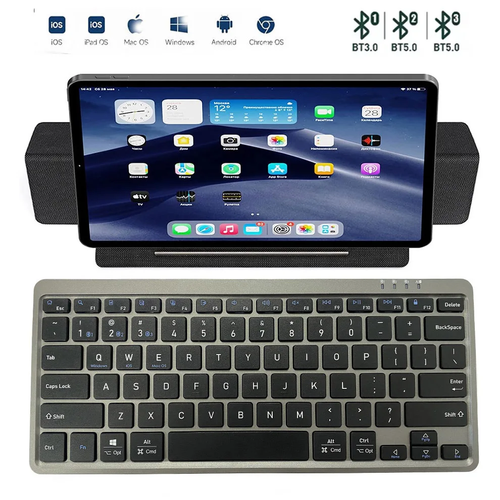 Teclado de viaje con soporte de cubierta plegable, compatibilidad multidispositivo para iPad,iOS,Android, teclado inalámbrico Bluetooth de Windows