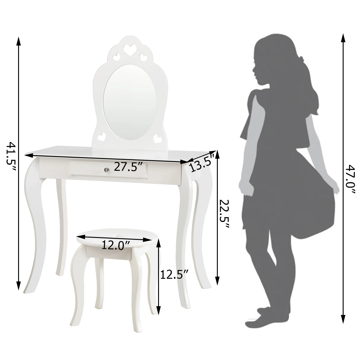 Kids Vanity Set Princess Makeup Dressing Play Table Set W/Mirror for Girls White