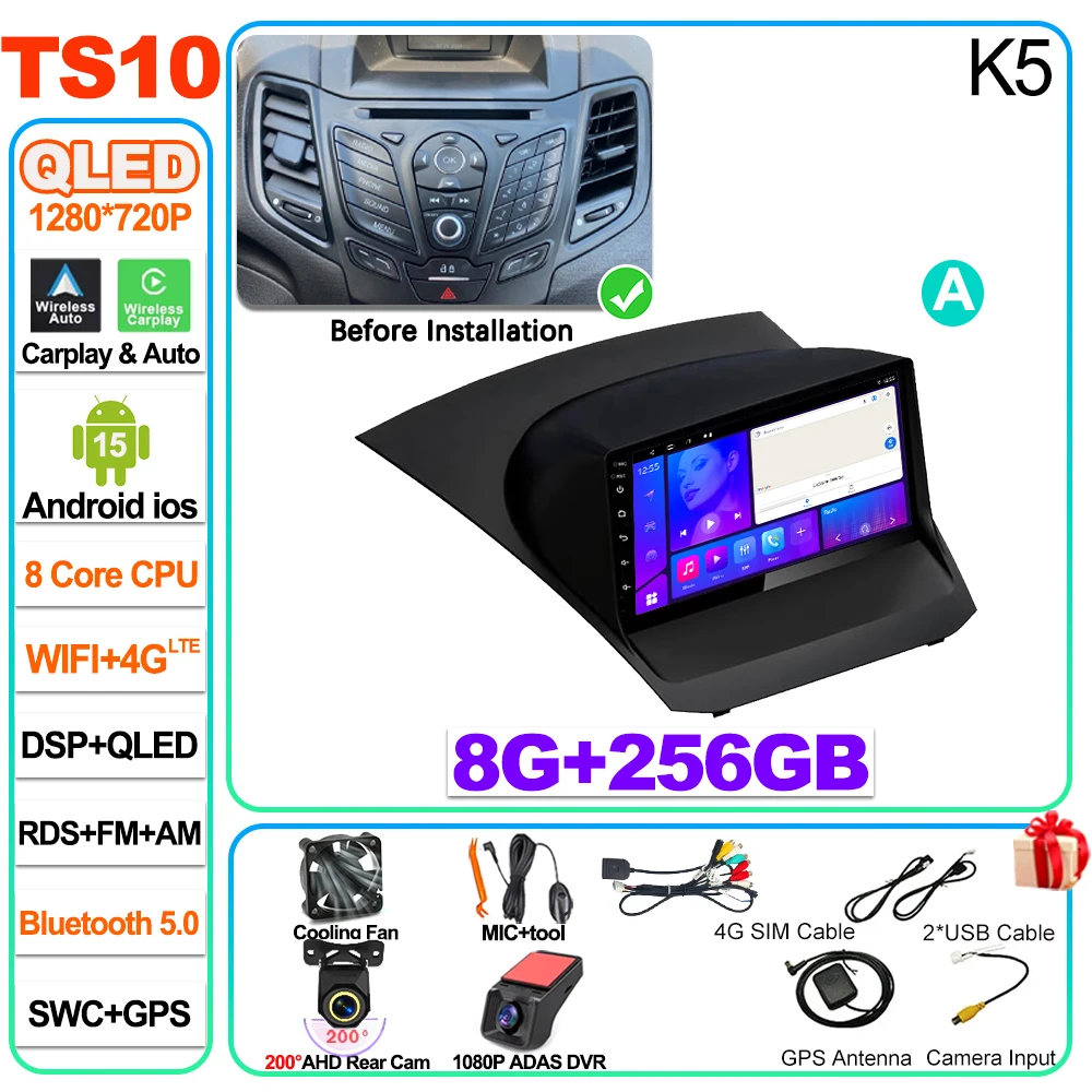Auto radio Carplay Android 16 voor Ford Fiesta Mk 6 2009 2010 2011 2012 2013 2014 -2018 Radio Multimedia Videospeler Scherm GPS