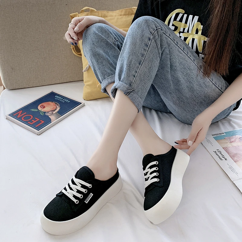 Versatile Canvas Lace-up Shoes Women Thick Soles Casual Sneakers Women Students' Heelless Breathable Lazy Women's Shoes