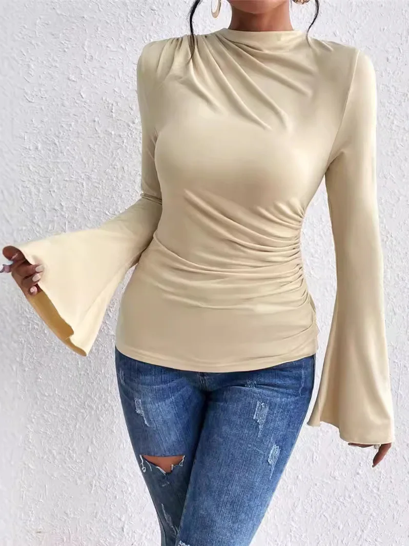 

Autumn Winter New Sle Women's Slim Fit Long Sve irt Stand Collar Bell Sve T-irt Pure Color Dstring Design