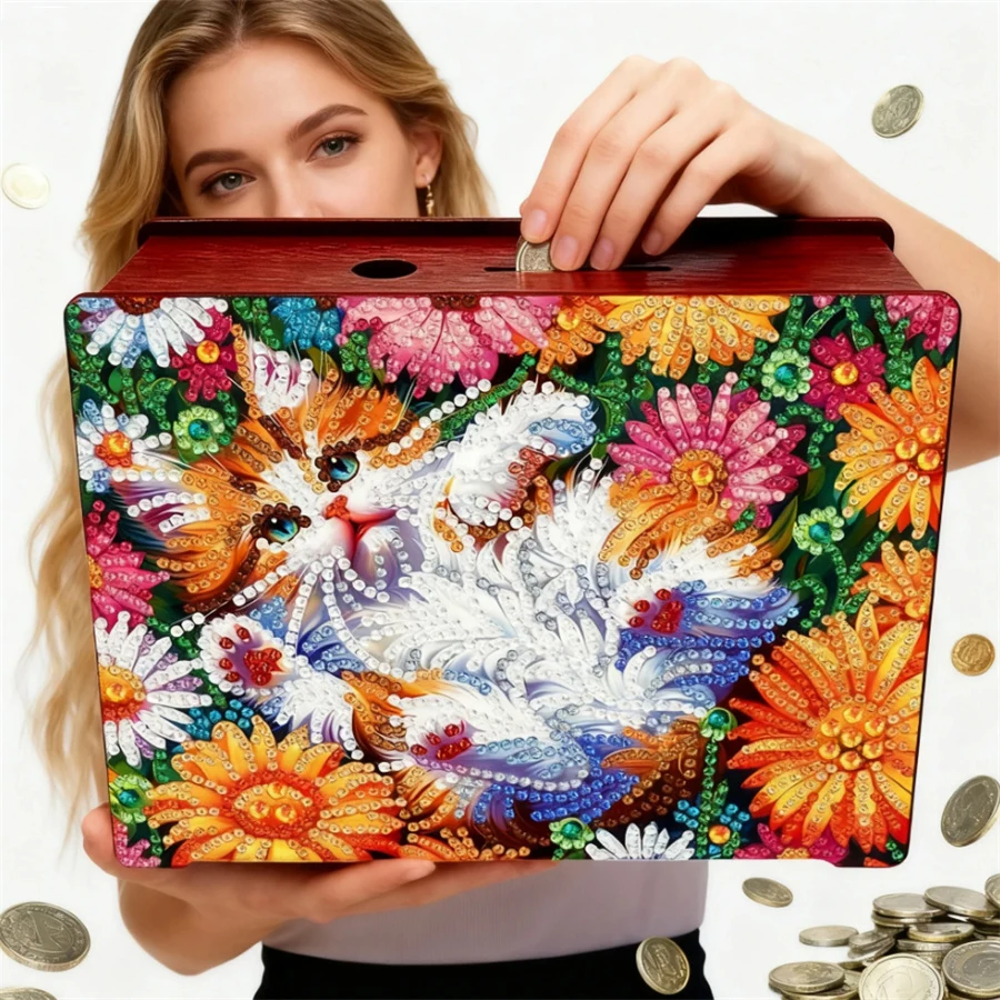 

2026 Diamond Painting Money Box Cat Flowers Diamond Painting Money Saving Box Table Top DIY Money Storage Box Diamond Art Decors