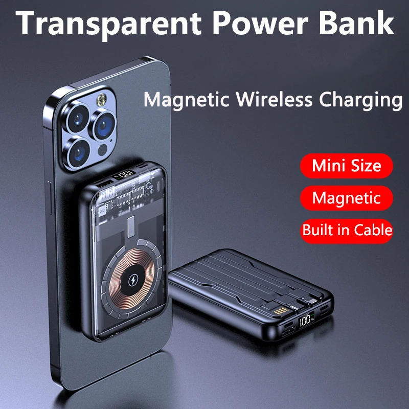 Magnetic Wireless Charger Magsafe Power Bank 20000mAh Built in Cable for iPhone 16 15 Xiaomi Samsung Portable Induction Charger