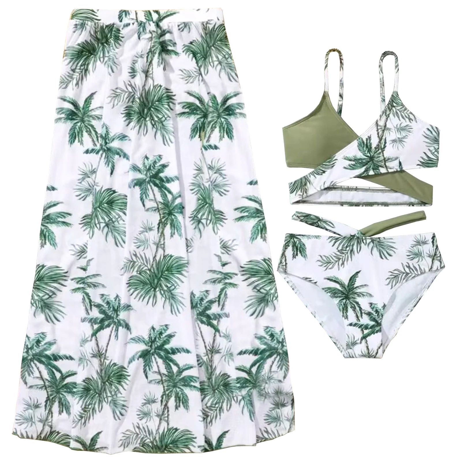 

Girls Tropical Print Swimsuits 4-Piece Bohemian Bikini Swimwear Summer Bathing Beaching Suit Skirts Cross Straps Bikini Bottoms