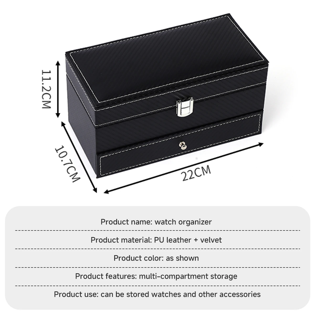 2-Tier Organizer Watch Showcase ﻿ Leather Lockable Watch Storage Boxes Men & Women's Jewelry Display Drawer Case