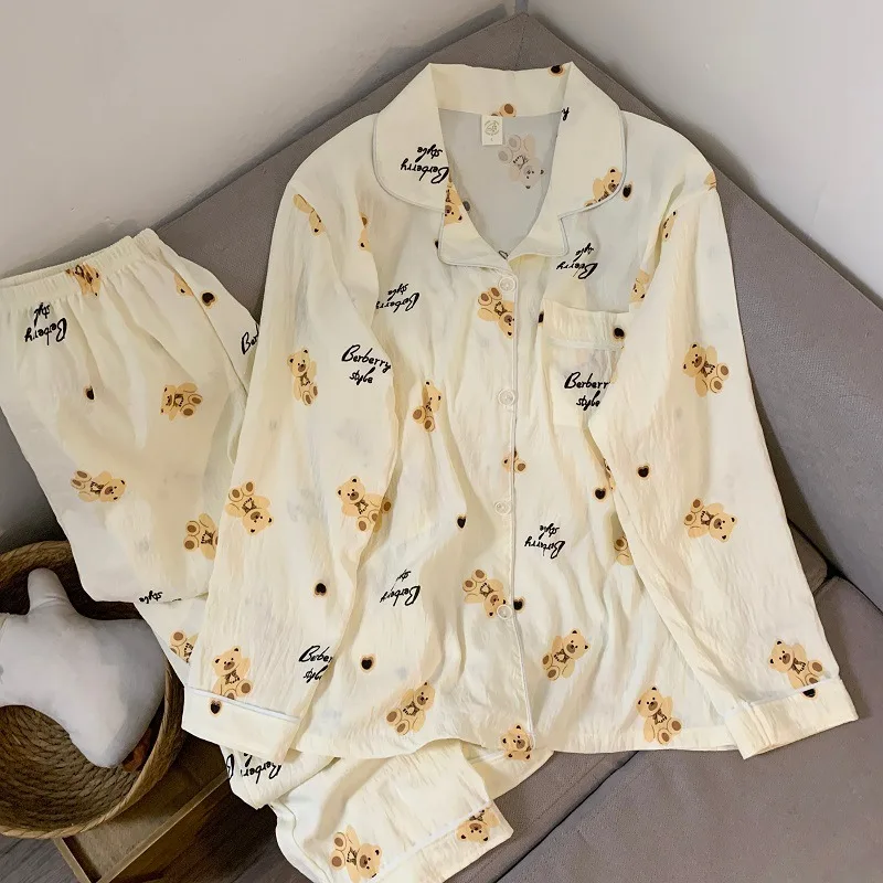 Harajuku حجم كبير الحلو لطيف المرأة منامة الخريف جديد التلبيب الرقبة 2025 2 قطعة دعوى ملابس خاصة فام Kawaii ملابس منزلية غير رسمية