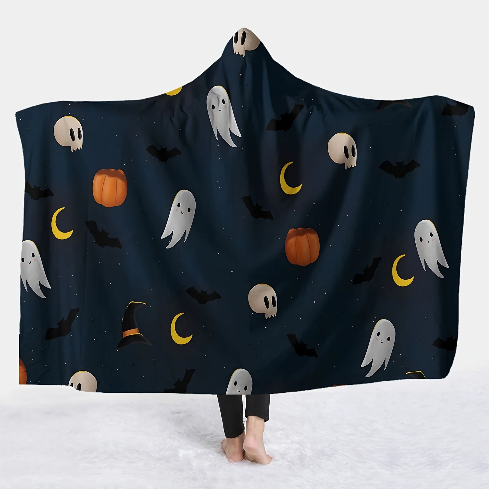 1pc Halloween Hooded Blanket - Thick Soft Flannel Wearable Cape with Ghosts, Bats, Pumpkins Moon Design, Cozy