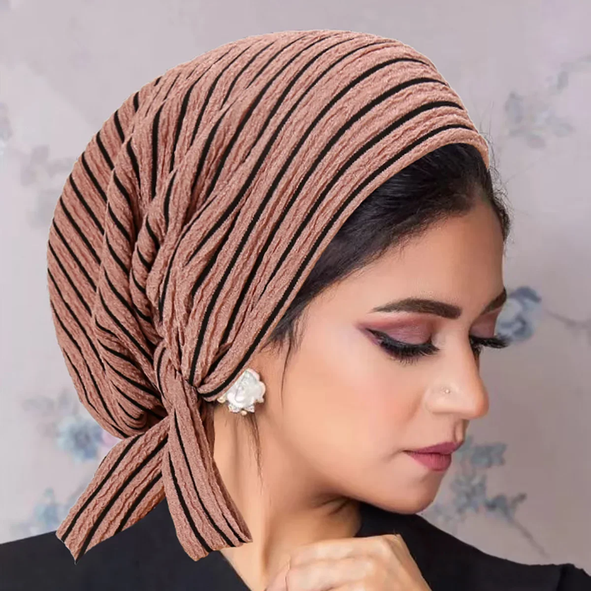 Stripe Pre-Tied Muslim Women Hijab Bonnet Pleated Turban Chemo Cap Headscarf Hair Loss Hat Islamic Cancer Headwear Scarf Mujer