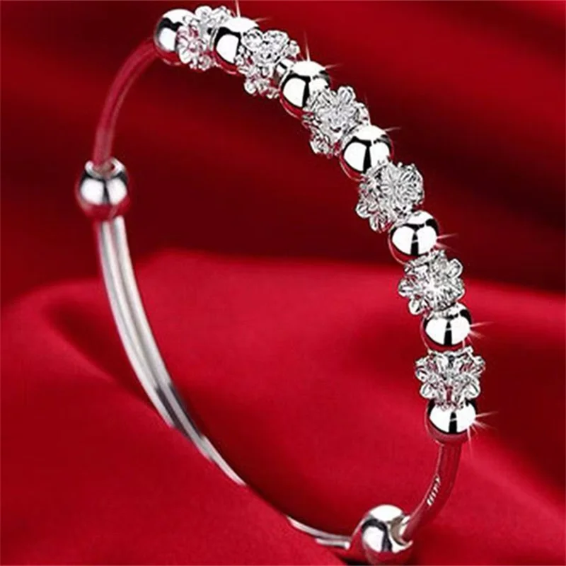 999 Sterling Silver Push Pull Adjustable Bangle for Women Vintage Floral Plum Blossom Bead Cuff Bracelet Elegant Stackable Fine