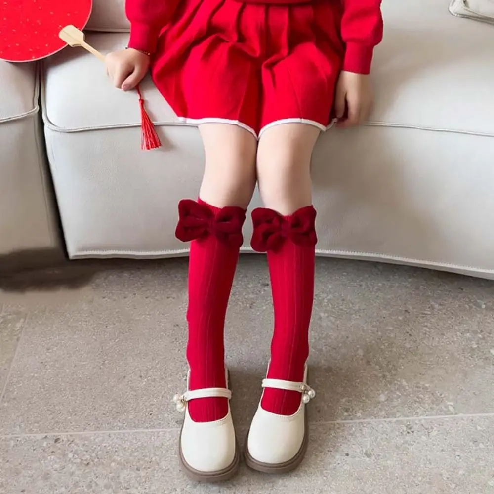 Casual Middle Tube New Year Red Socks Thicken Sweet Bow Hosiery for Kids Princess Cotton Children Long Socks Autumn