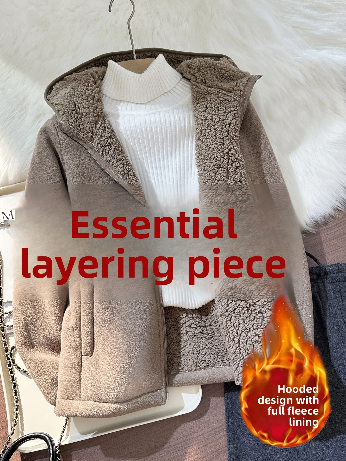 Women's Winter Warm Lamb Velvet Jacket Fleece Lined Thickened Hooded Windproof Sweatshirt Zipper Closure Short Style