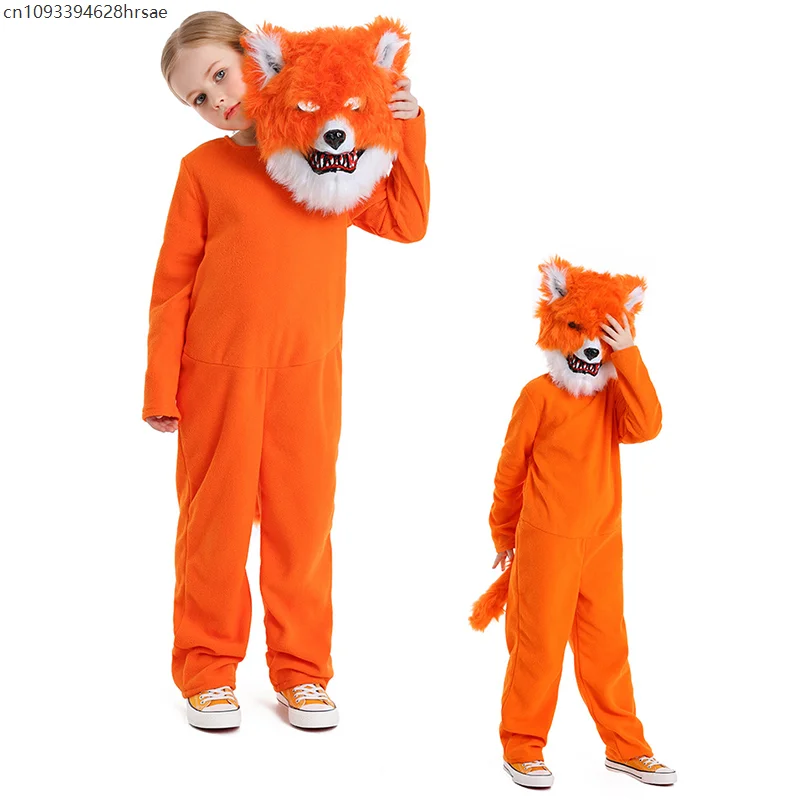 

Girls Orange Fox Jumpsuit With Furry Mask Halloween Dress Up Animal World Book Week Day Outfit Boy Woodsy Fox Costume For Kids