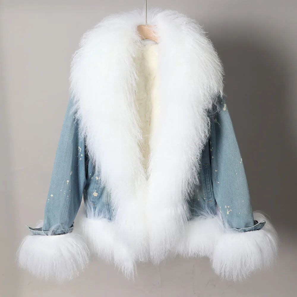 2026 MAOMAOKONG Winter Women's Denim Jacket Detachable Rabbit Fur Lining With Real White Wool Fur Collar Jean Jacket Fur Coat