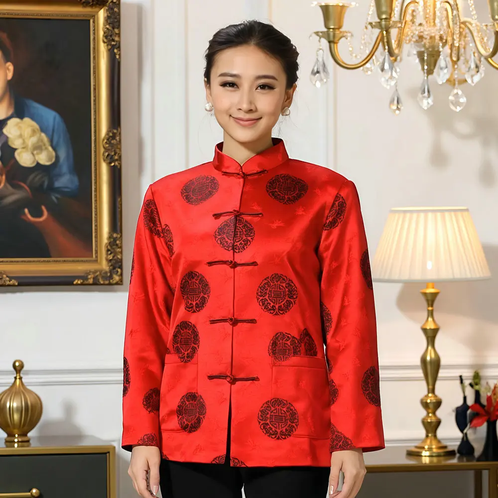 Women Red Brocade Tang Suit Jacket Auspicious Pattern Mandarin Collar Traditional Coats New Chinese Style Clothings 2025