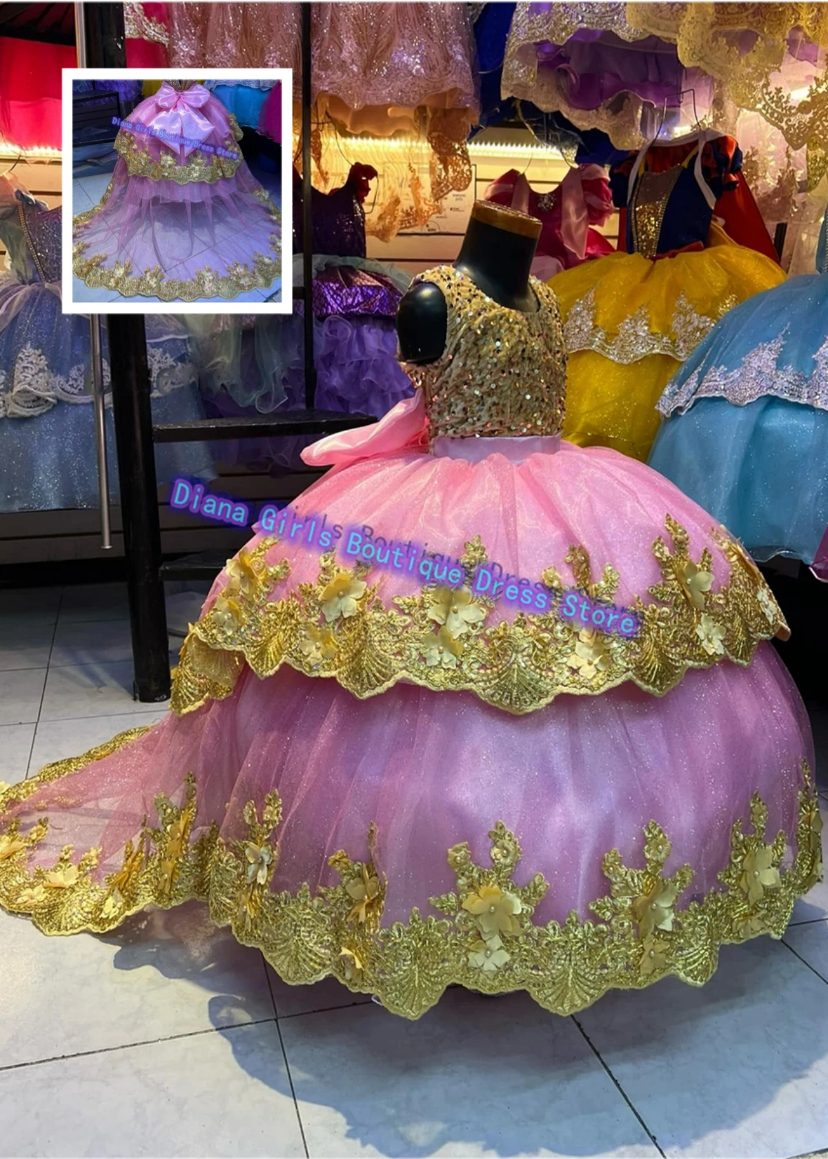 Lindo ouro impressão flor menina vestido sem mangas tule camadas com arco miúdo aniversário festa princesa pageant vestidos personalizados