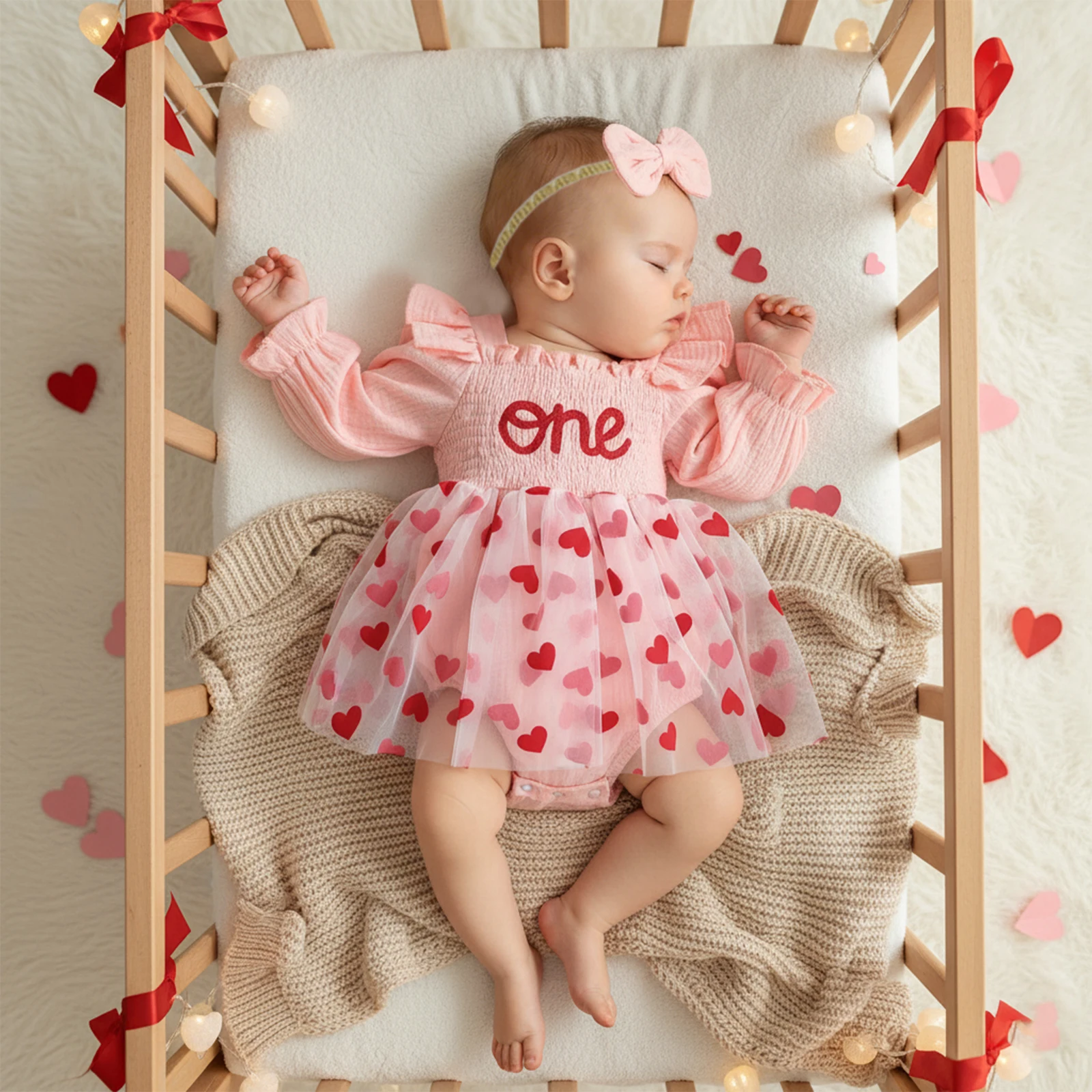 Newborn Girl Outfit, Long Sleeve Square Neck Heart A-line Romper Dress with Bowknot Headband Valentine’s Day Clothes