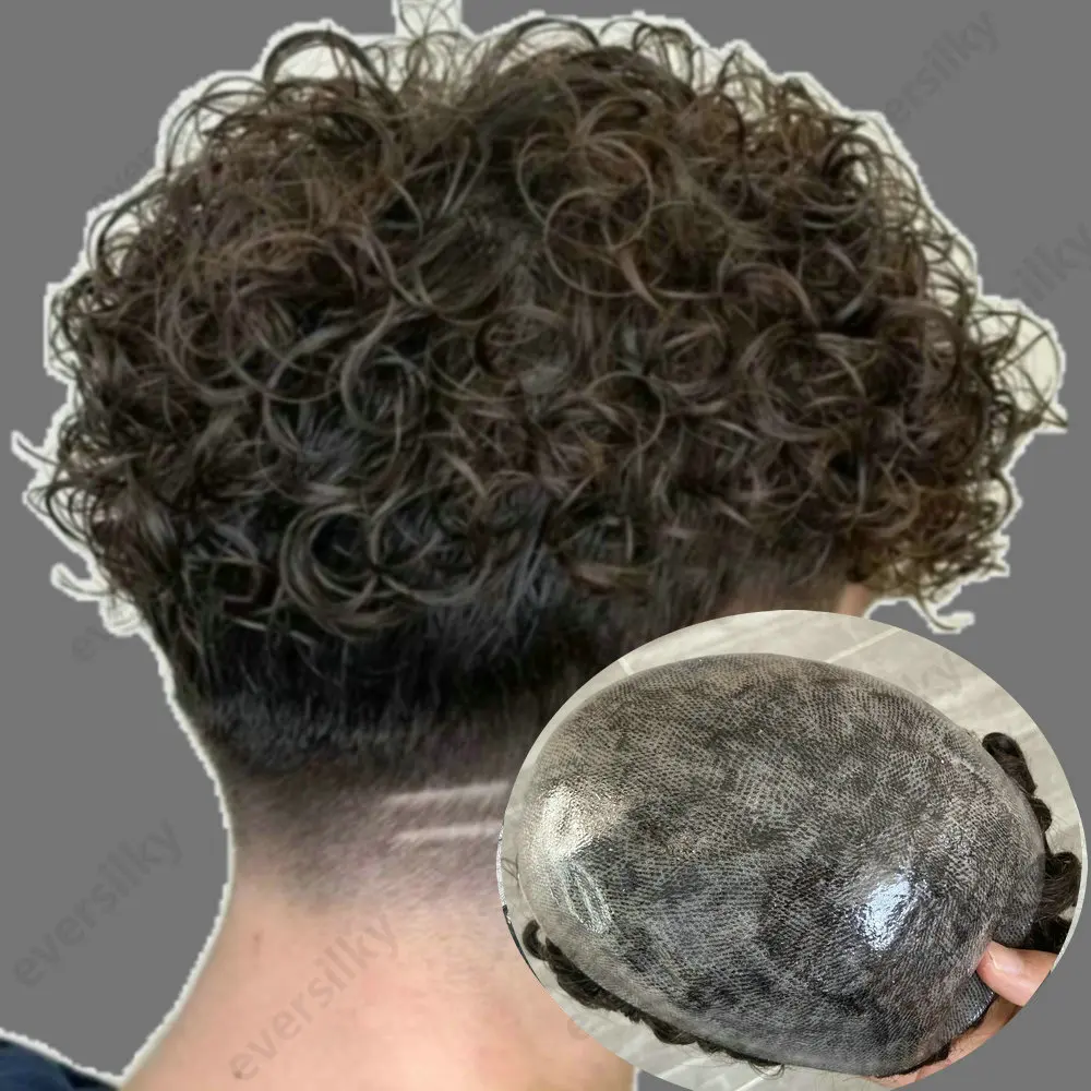 Herren-Toupet aus Echthaar, 20 mm, lockig, dünne PU-Haut, männliche Haarprothese, indisches Remy-Haarsystem, natürlicher Haaransatz, Herrenperücke – Detail 1