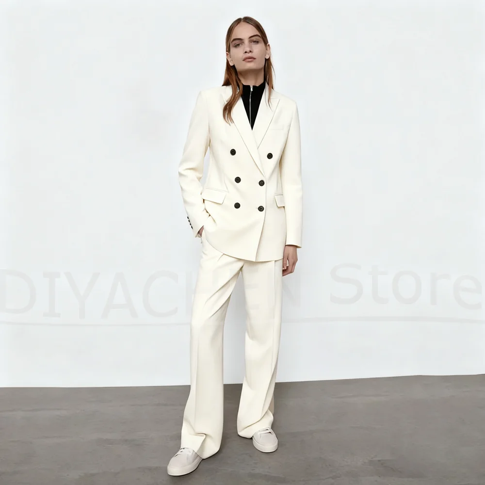 

Женские костюмы, однотонные шикарные двубортные наряды с острым лацканом, комплекты из 2 предметов, элегантные повседневные брюки для свадебной вечеринки (куртка + брюки)