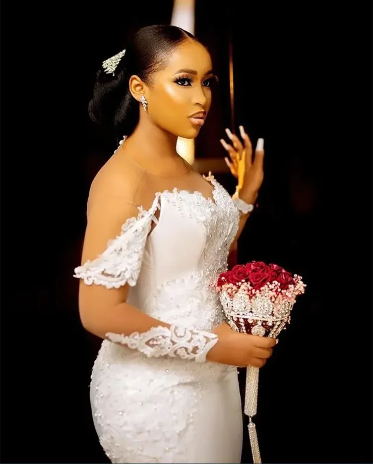 فساتين الزفاف البيضاء فساتين الزفاف العاجية حورية البحر البوق الرسمي الجديد بالإضافة إلى حجم مخصص الدانتيل يصل سستة س الرقبة طويلة الأكمام الساتان App #3