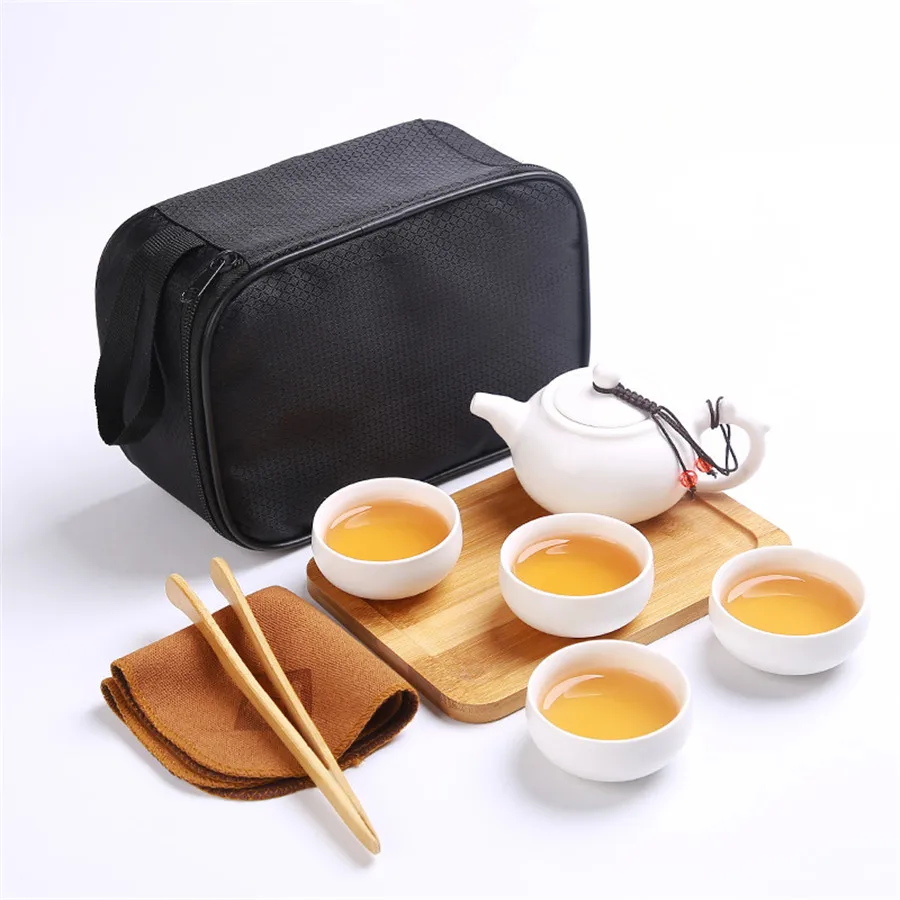 Handmade Chinese Japanese Vintage Kungfu Gongfu Tea Set Porcelain Teapot Teacups Bamboo Tea Tray Tea Mat with a Portable Bag New