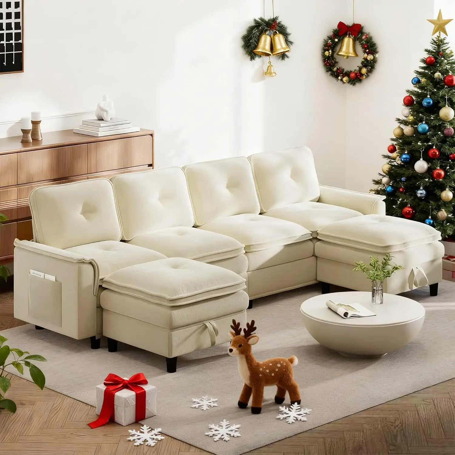 #Modular Sectional Sofa Storage Ottoman Teddy Velvet Deep Seat Removable Cushion Living Room