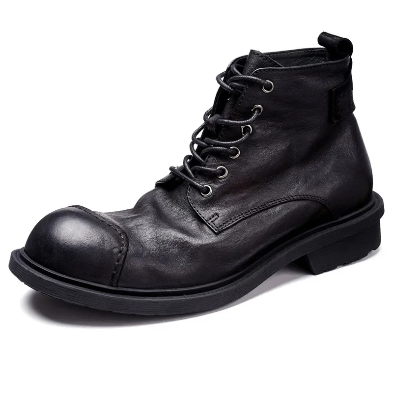 Vintage Business Mens Boots Luxury Genuine Cow Leather Spring Work Shoes 2026 New Style Full Grain Leather Round Toe Ankle Boots
