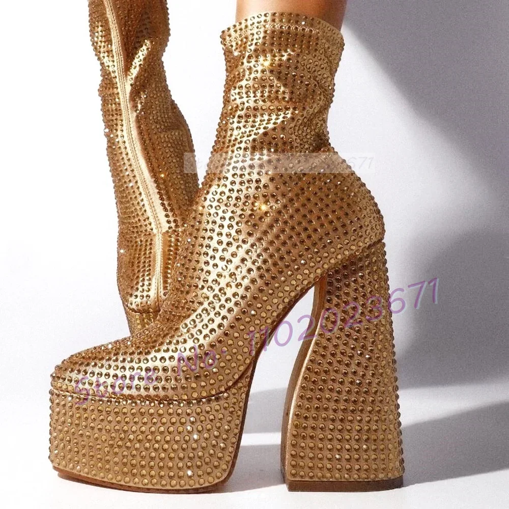 

Gold Crystal Platform Ankle Boots Women Luxury High Chunky Heels Round Toe Sparkling Boots Female Party Studded Dress Shoes