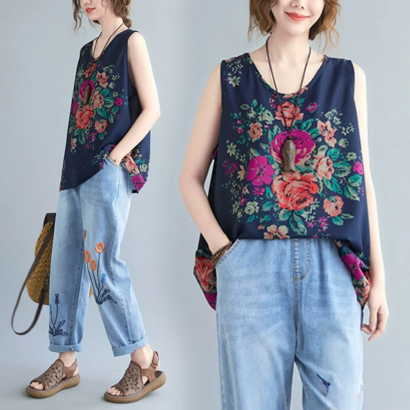 

Large Size Cotton Linen Print Strapl Vest Women's Summer Top V-Ne Svel Loose Fit A-Line Blouse Belly Concealing