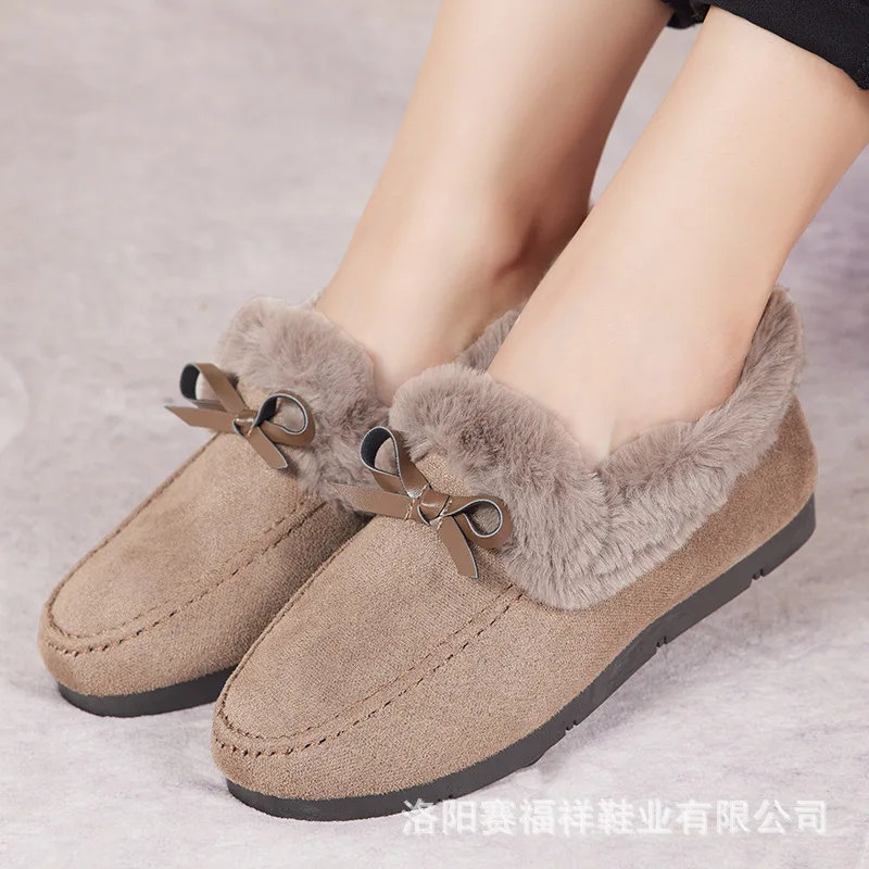 

Women's Warm Suede Snow Loafers Fuzzy Lining Slip-on Flats Cute Bow Decor Casual Boat Shoes for Winter, Cozy Indoor Outdoor