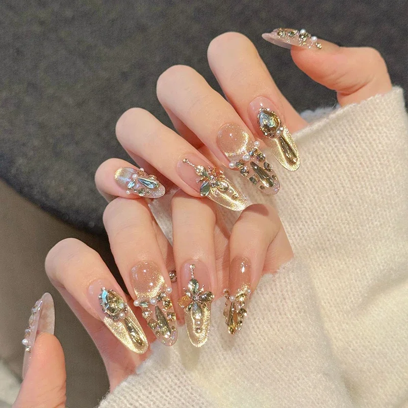

10 шт. накладных ногтей цвета шампань с стразами, французский дизайн «кошачий глаз», кубический цирконий, роскошные накладные ногти, элегантные искусственные ногти для маникюра