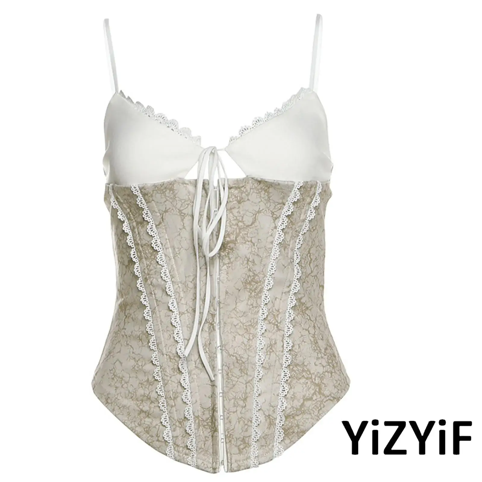 

Women Sexy Vintage Lace Trim Spaghetti Straps Lingerie Slim Fit Backless Lace-up Color Block Camisole Asymmetrical Hem Crop Top